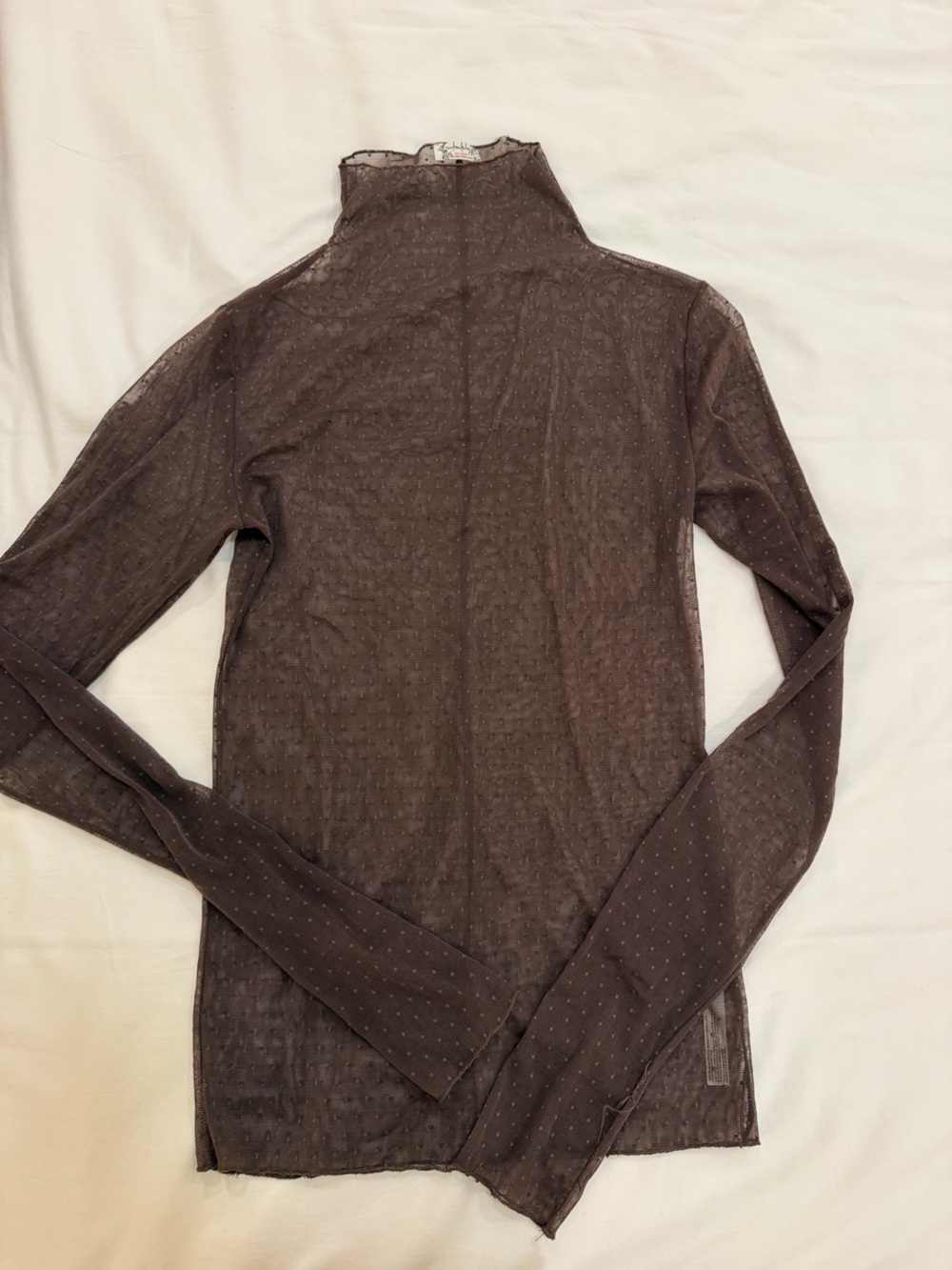 Free People Sheer Long Sleeve Mock Neck Top — Brown with Subtle Dot Detail
